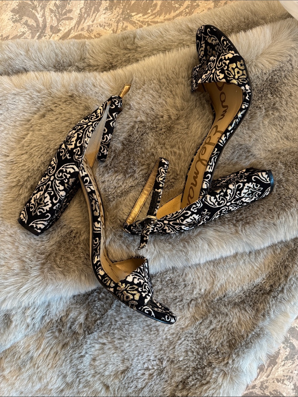 Sam Edelman Yaro.: Block heel, ankle strap, and floral Jacquard